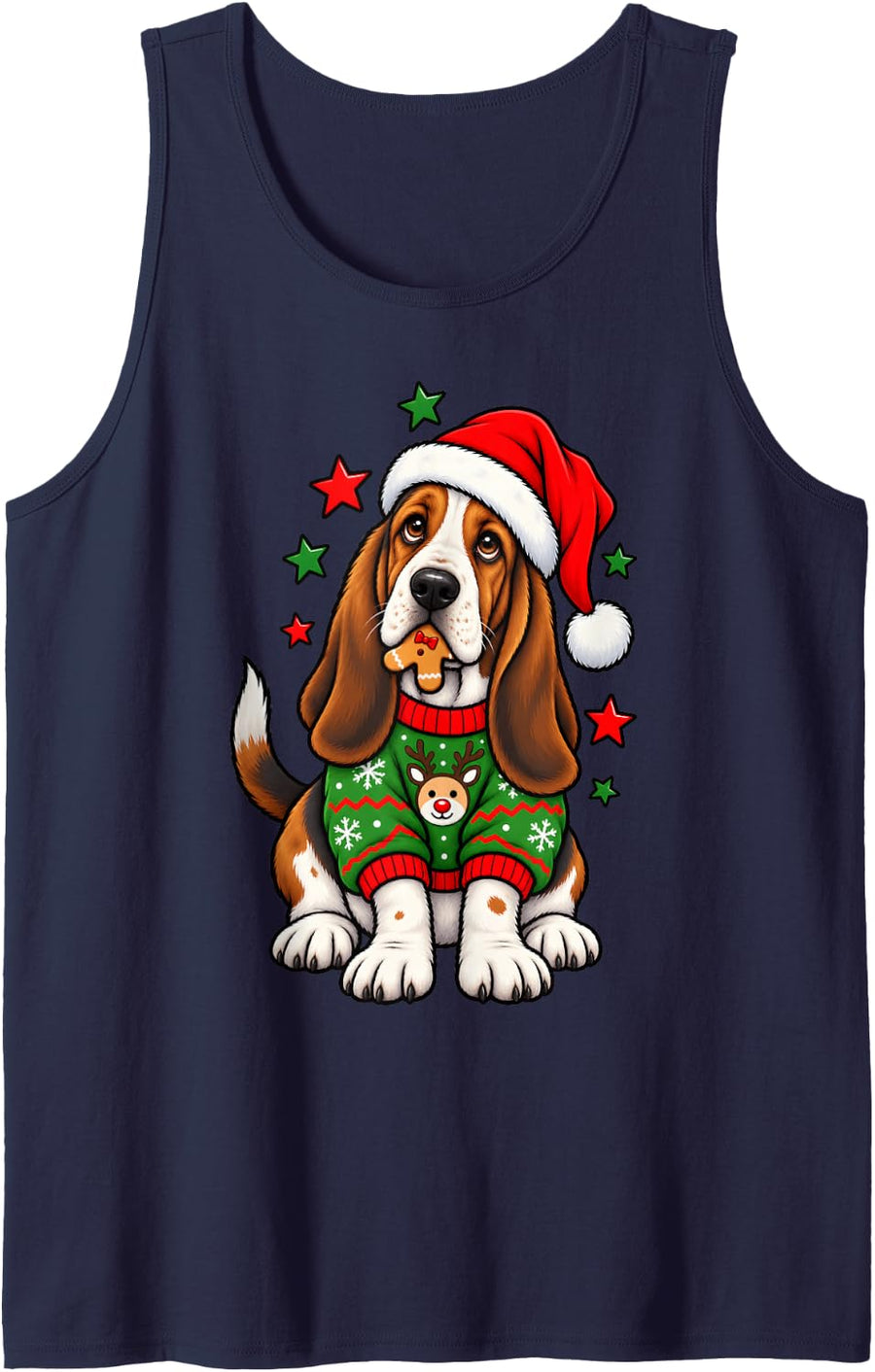 Santa Basset Hound Dog Holding Gingerbread Cookie Christmas Sleeveless Tank Top - Navy Blue