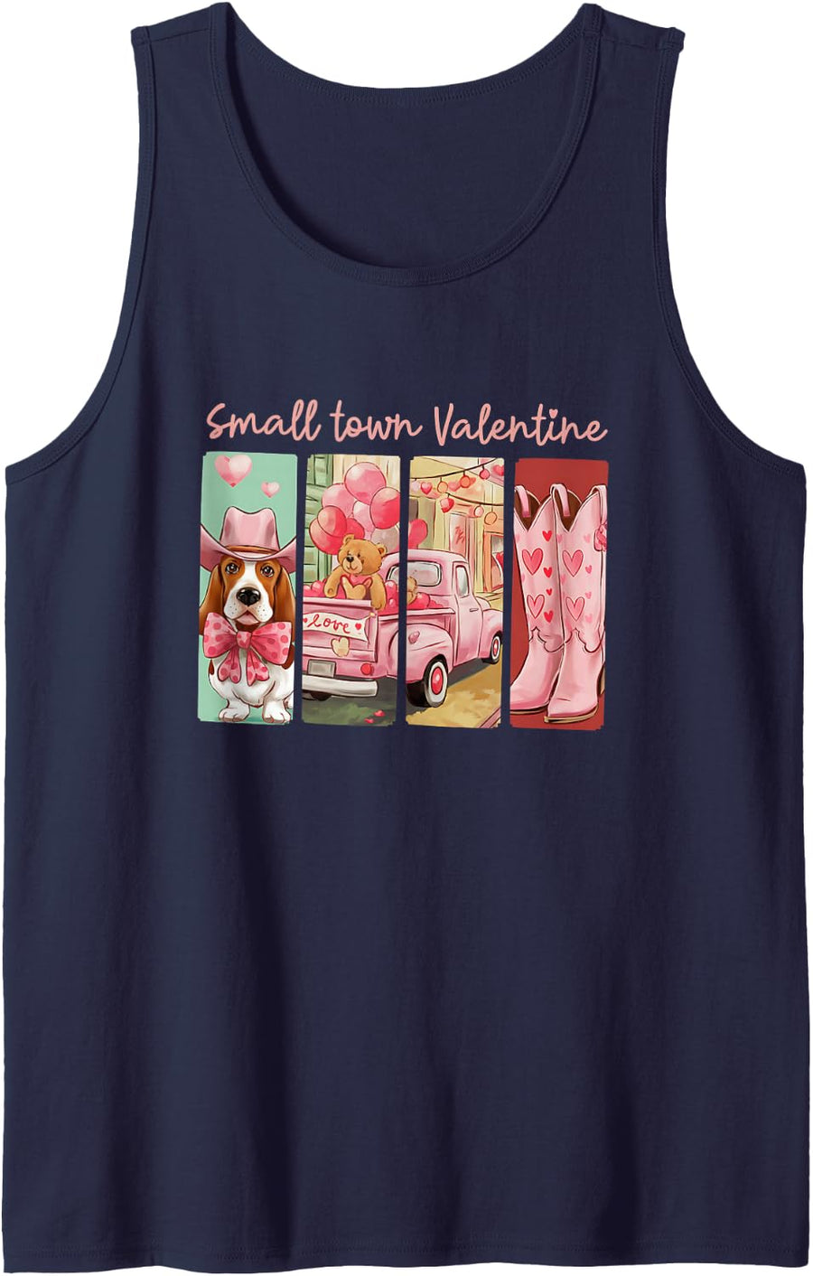 Cute Basset Hound Boots Truck Heart Western Valentine Sleeveless Tank Top - Navy Blue