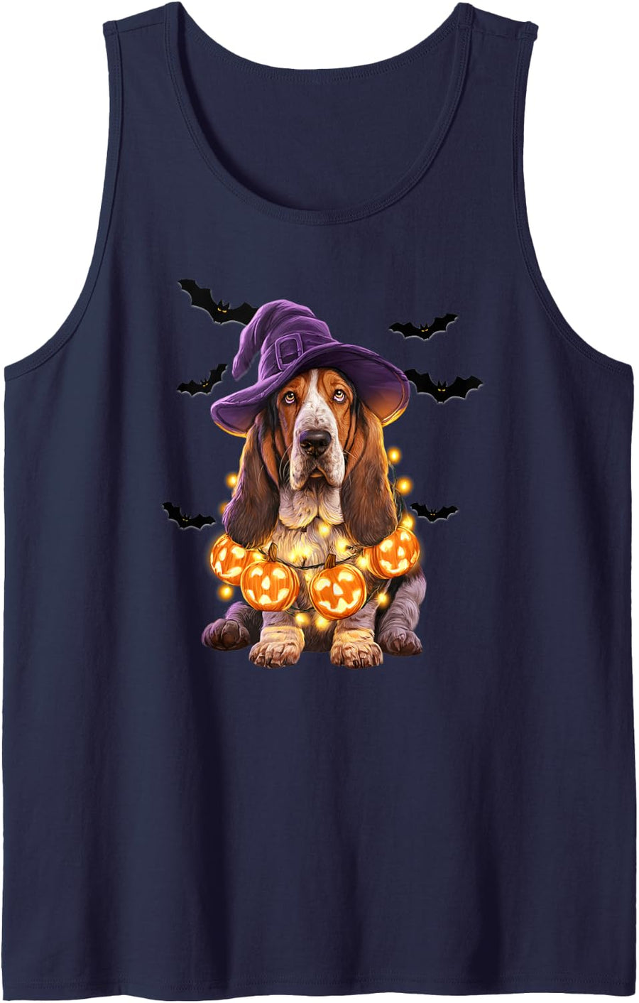 Cute Basset Hound Glowing Pumpkin Light Funny Dog Halloween Sleeveless Tank Top - Navy Blue