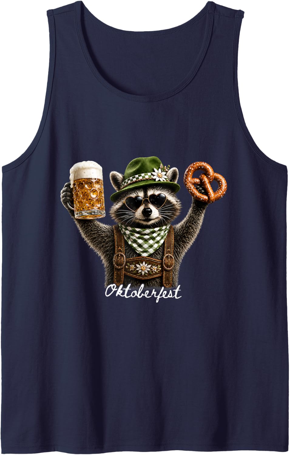 Retro Oktoberfest Raccoon Lederhosen Beer Festival Party Sleeveless Tank Top - Navy Blue