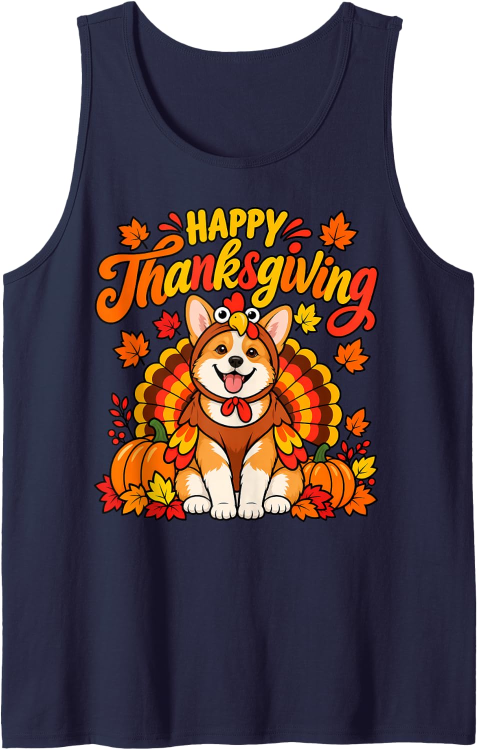 Happy Thanksgiving Corgi Dog Turkey Day Fall Women Men Kids Sleeveless Tank Top - Navy Blue