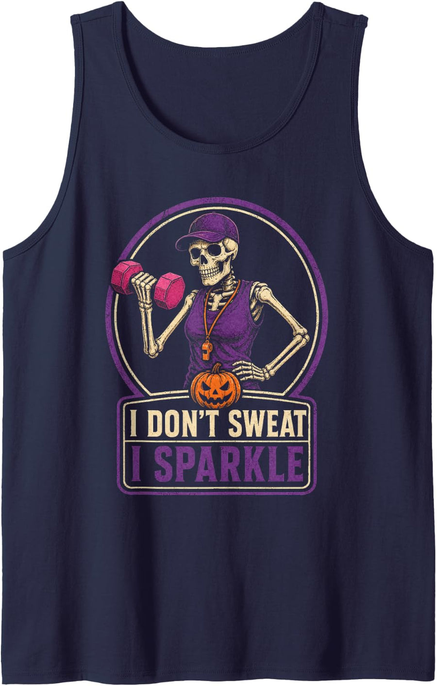 Retro Halloween Gym Workout Skeleton I Don't Sweat Dumbbell Sleeveless Tank Top - Navy Blue