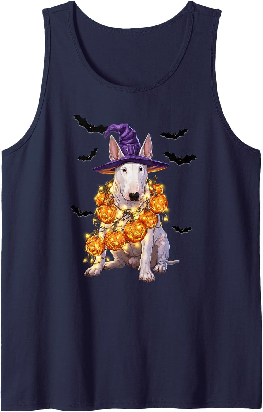 Cute Bull Terrier Glowing Pumpkin Light Funny Dog Halloween Sleeveless Tank Top - Navy Blue