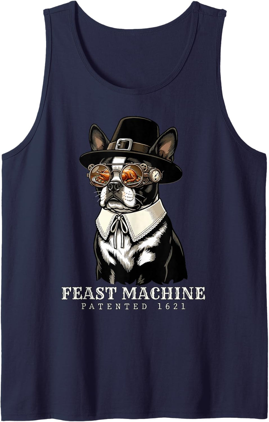 Boston Terrier Bostie Vintage Retro Turkey Day Dinner Fall Sleeveless Tank Top - Navy Blue