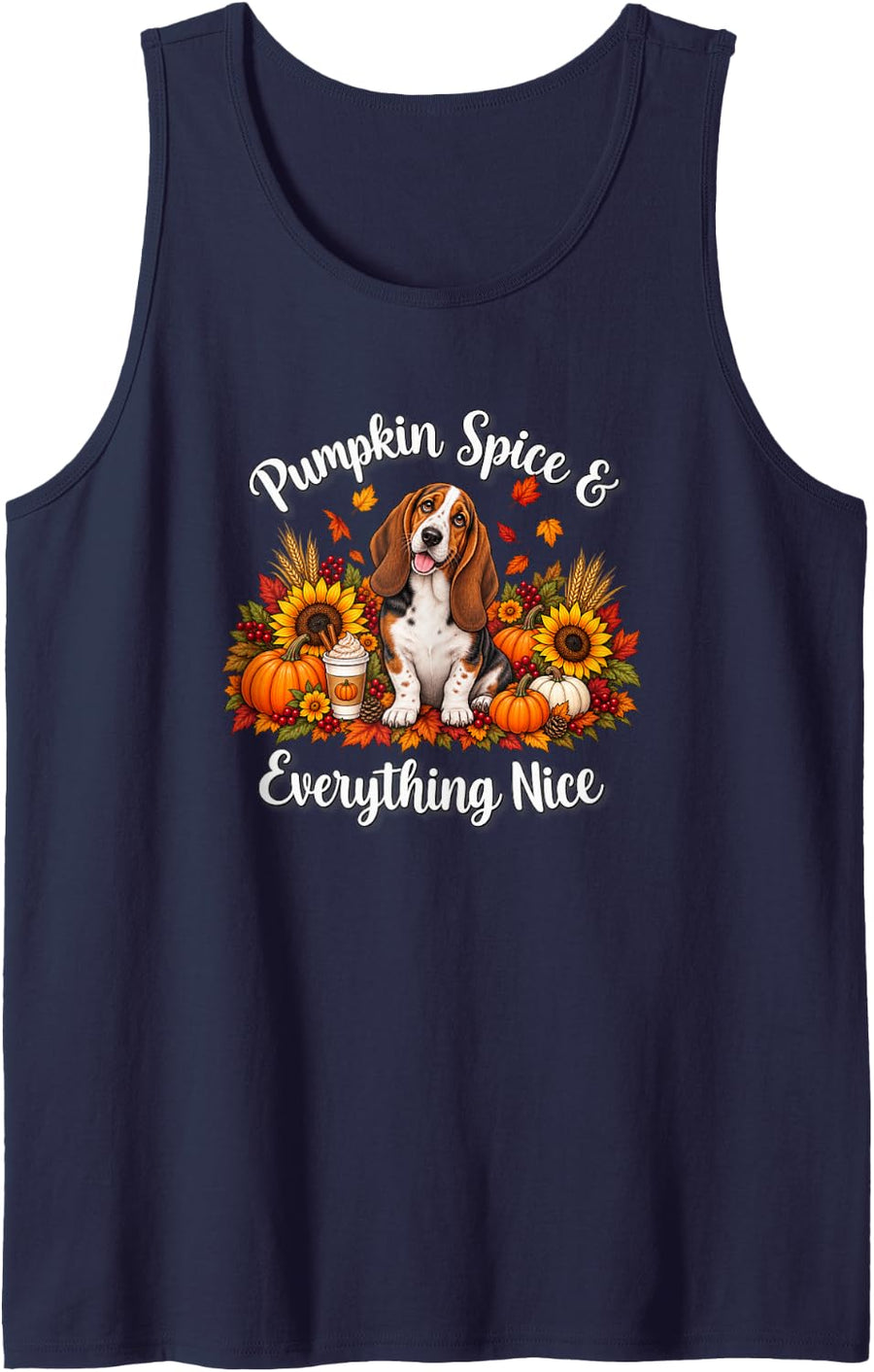 Womens Girls Moms Fall Pumpkin Spice Basset Hound Lover Sleeveless Tank Top - Navy Blue