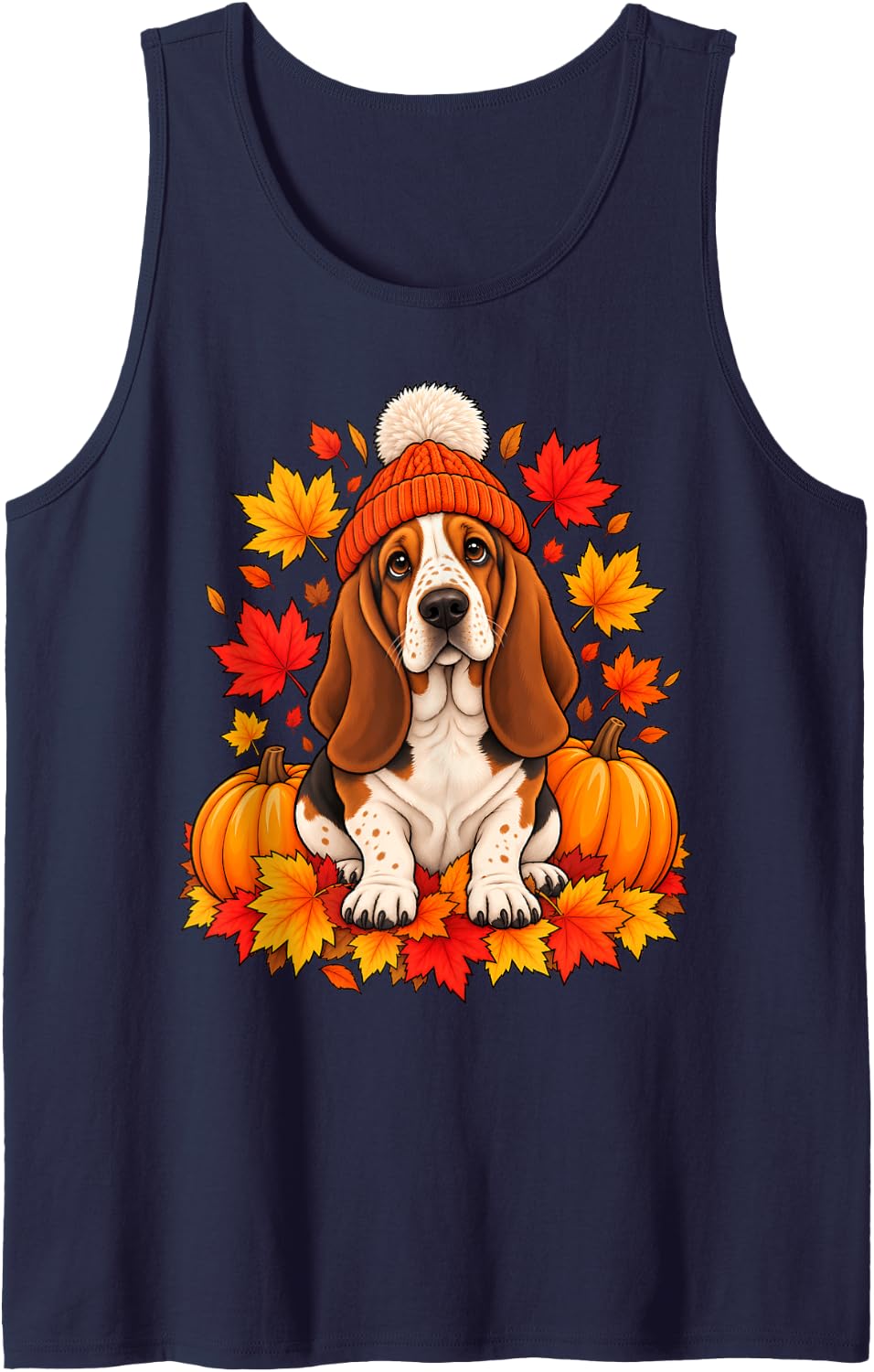 Cute Basset Hound Fall Scarf Autumn Leaves Dog Lovers Sleeveless Tank Top - Navy Blue