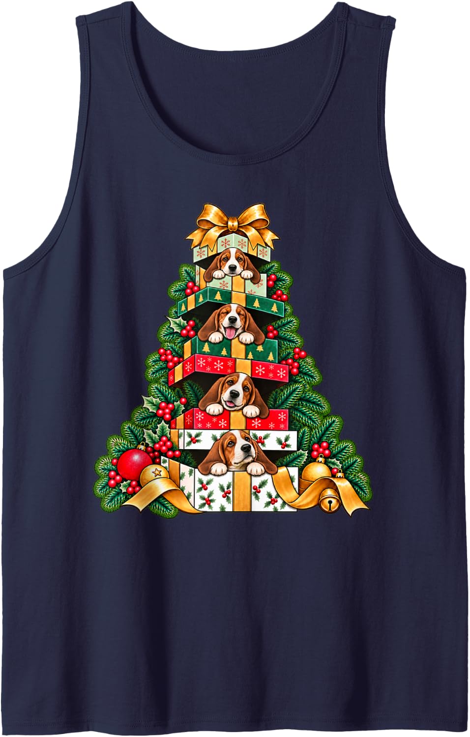 Basset Hound Stacked Wrapped Box Holiday Tree Surprise Sleeveless Tank Top - Navy Blue