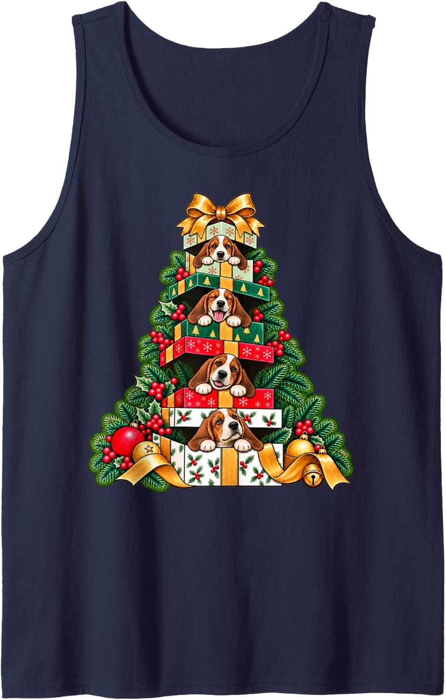 Basset Hound Stacked Wrapped Box Holiday Tree Surprise Sleeveless Tank Top - Navy Blue