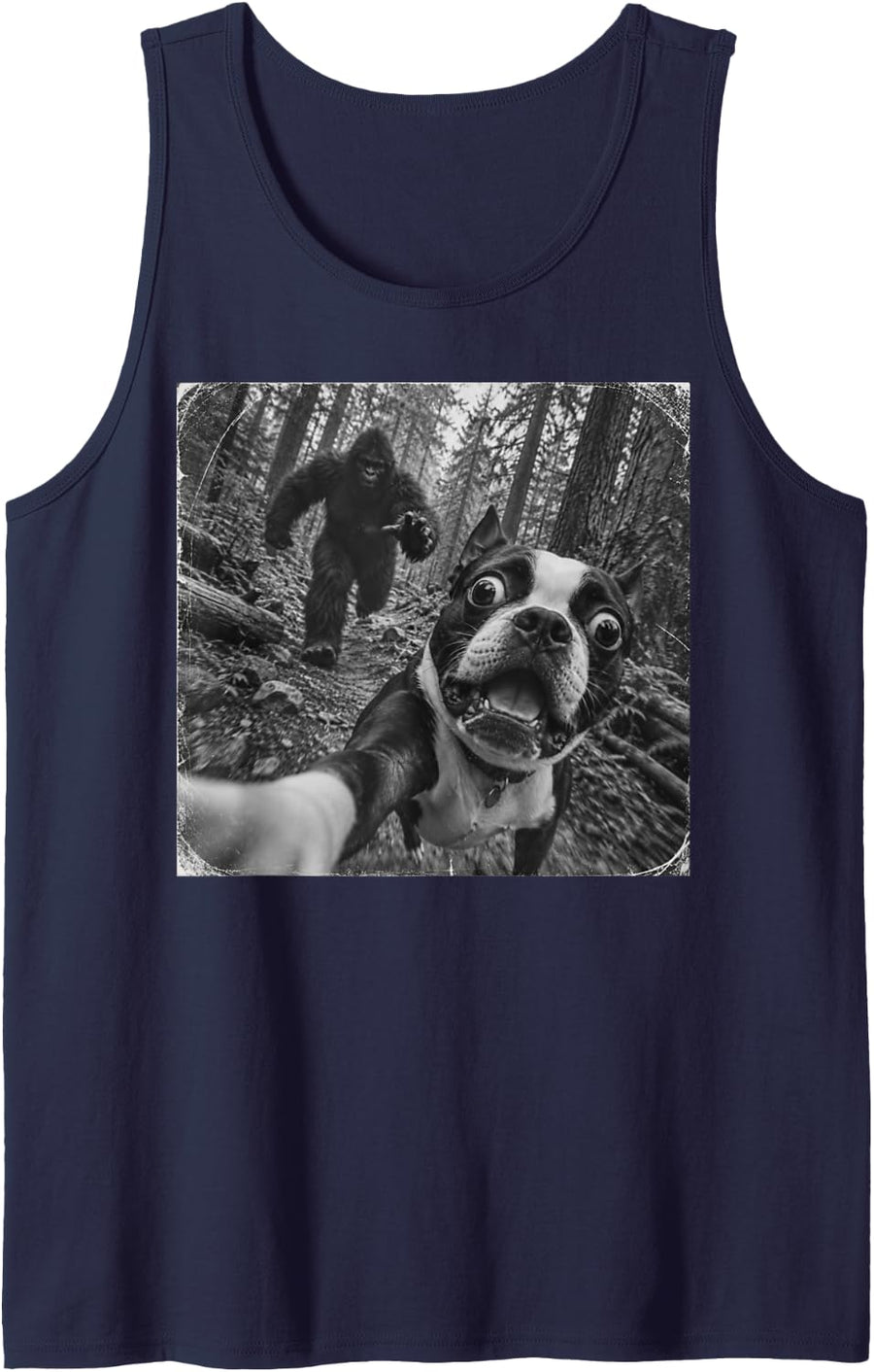 Bigfoot and Boston Terrier Funny Dog Selfie Sasquatch Chase Sleeveless Tank Top - Navy Blue