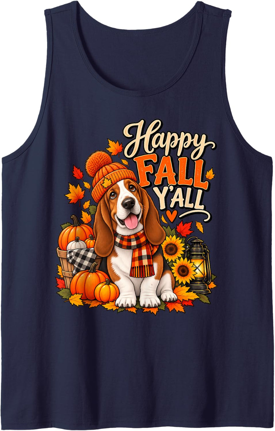 Happy Fall Y'all Basset Hound Dog Scarf Autumn Leaves Sleeveless Tank Top - Navy Blue