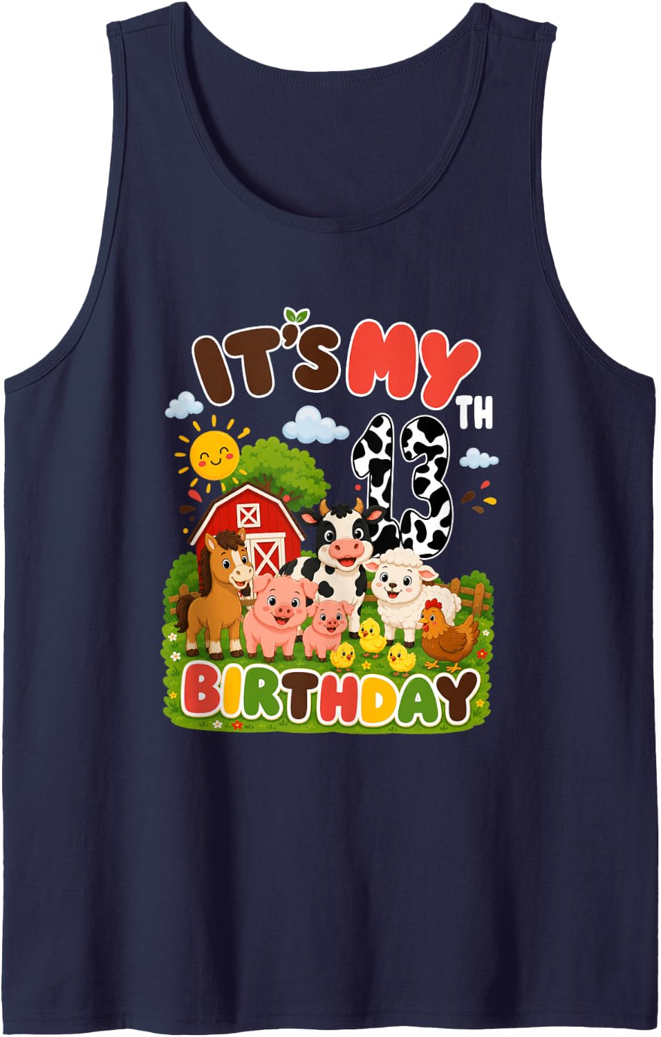 Birthday 13 Year Old Farm Animals Theme Lover 13th Party Sleeveless Tank Top - Navy Blue