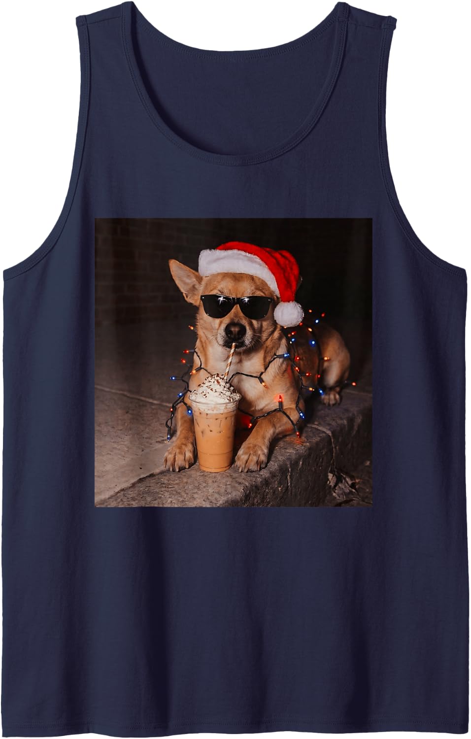 Cool Chihuahua Santa Hat Iced Coffee Dog Christmas Lights Sleeveless Tank Top - Navy Blue