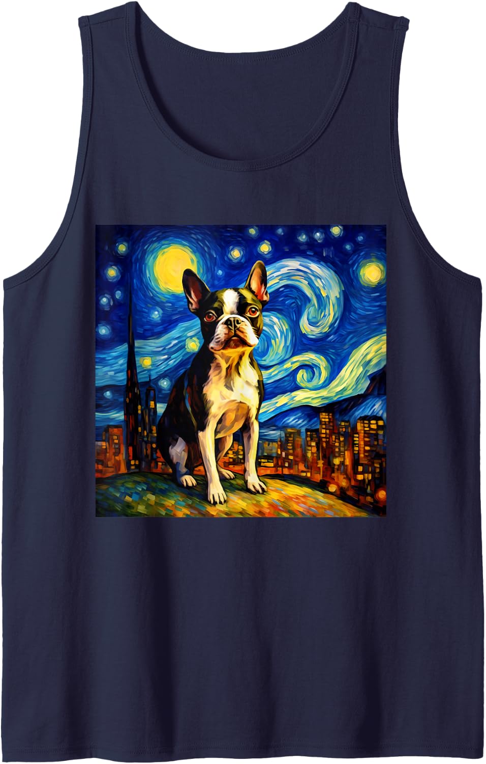 Surreal Starry Night Boston Terrier Dog Sleeveless Tank Top - Navy Blue