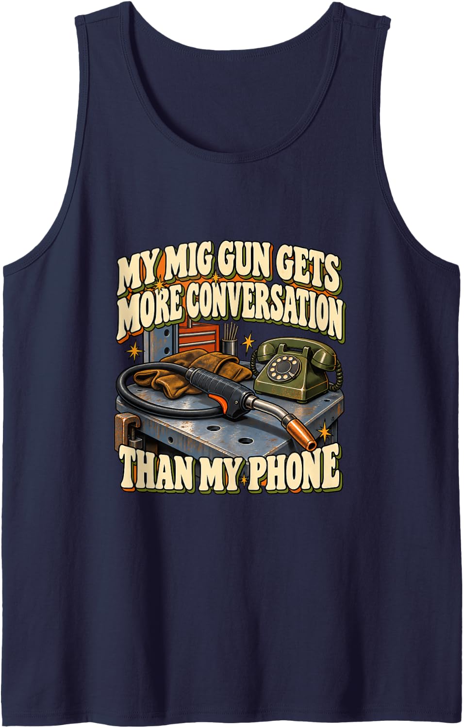 MIG Gun Conversation Funny Welder Welding Sleeveless Tank Top - Navy Blue