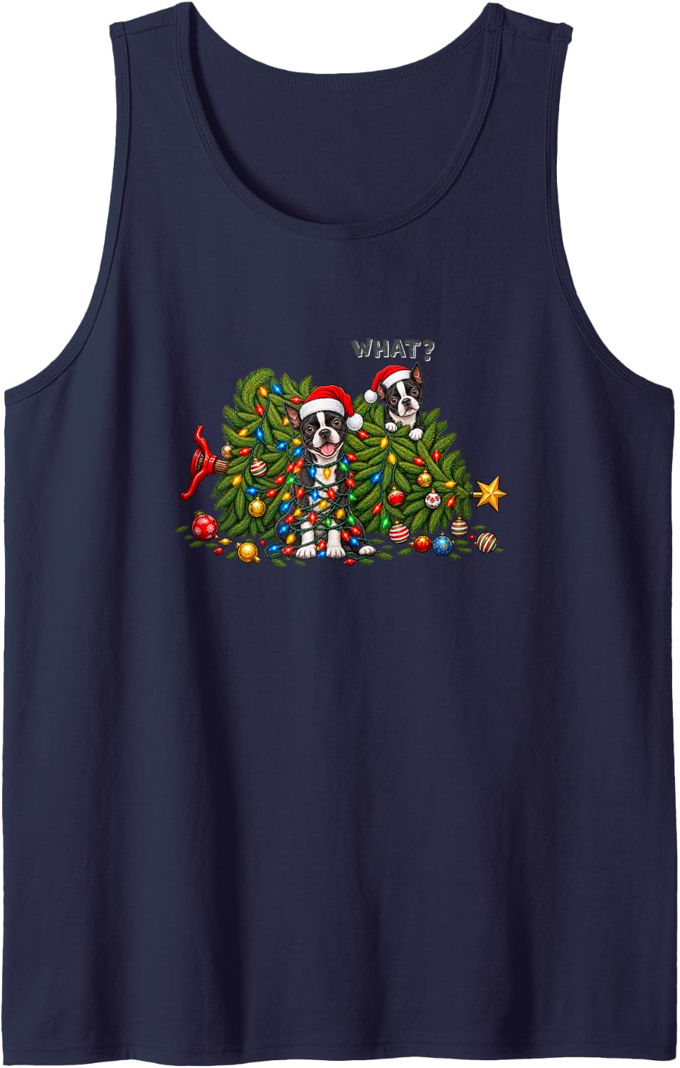 Boston Terrier Christmas Tree Santa Hats Funny Holiday Sleeveless Tank Top - Navy Blue