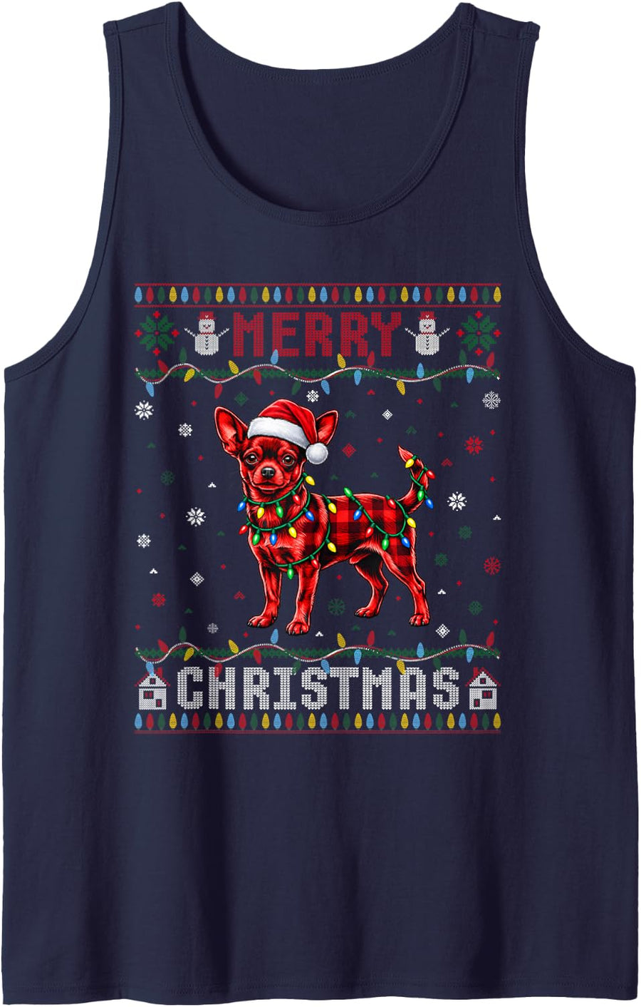 Christmas Red Plaid Chihuahua Santa Hat Dog Ugly Sweater Sleeveless Tank Top - Navy Blue