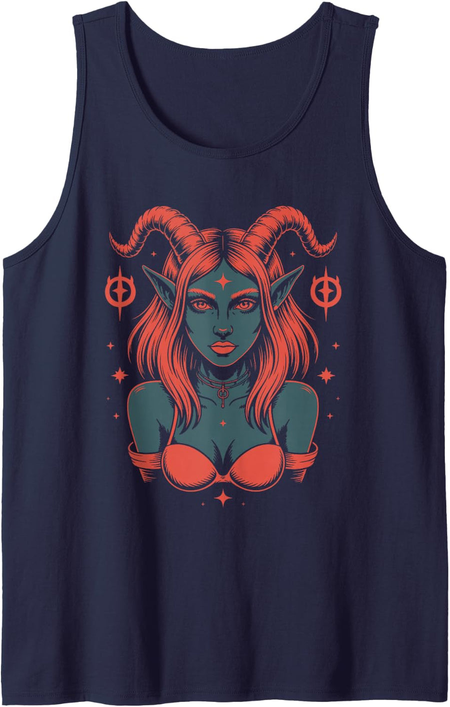 Goth Girl with Ram Horns and Demon Plush Tank Top - Navy Blue