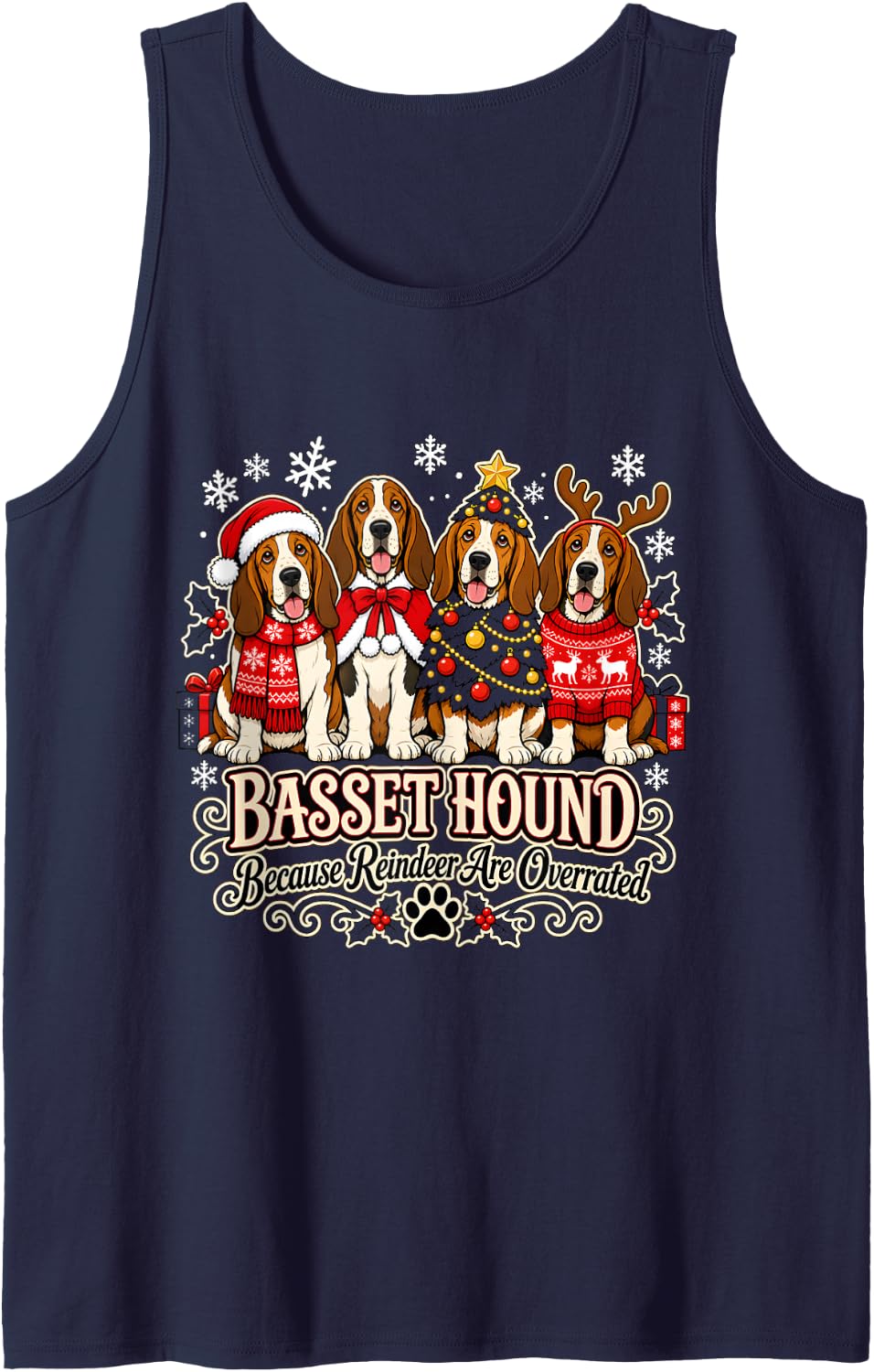 Basset Hound Christmas Because Reindeer are Overrated Sleeveless Tank Top - Navy Blue