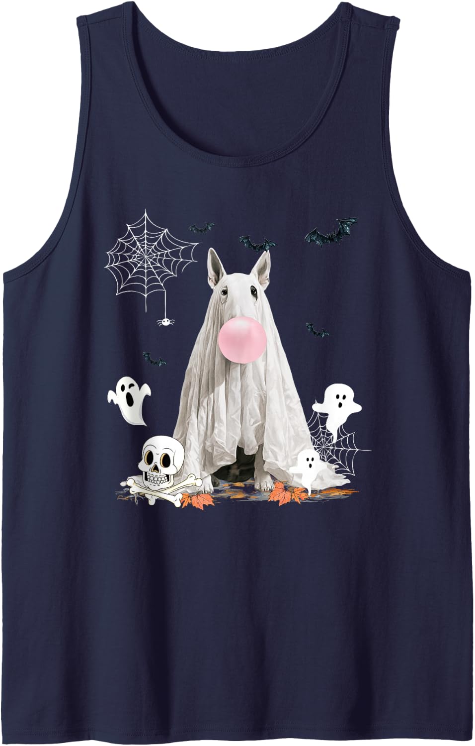 Bull Terrier Dog Ghost Dressed Funny Halloween Dog Lover Sleeveless Tank Top - Navy Blue