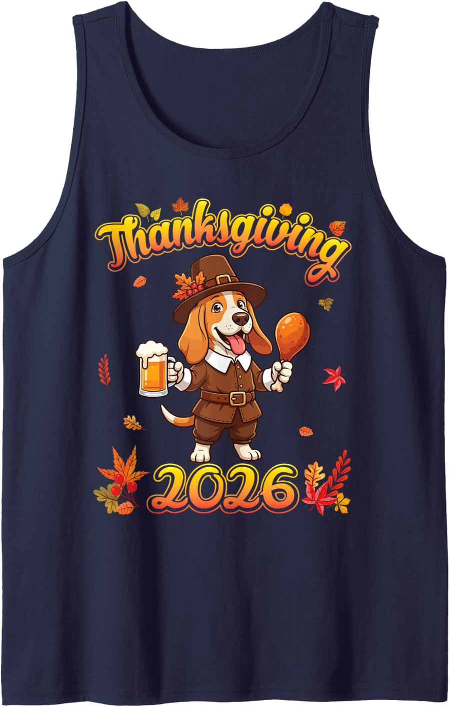 Basset Hound Dog Pilgrim Beer Turkey Leg Thanksgiving 2026 Sleeveless Tank Top - Navy Blue