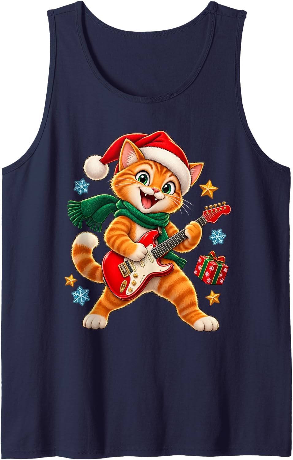 Christmas Cat Guitar Design for Kids Boys Girls Music Lovers Sleeveless Tank Top - Navy Blue