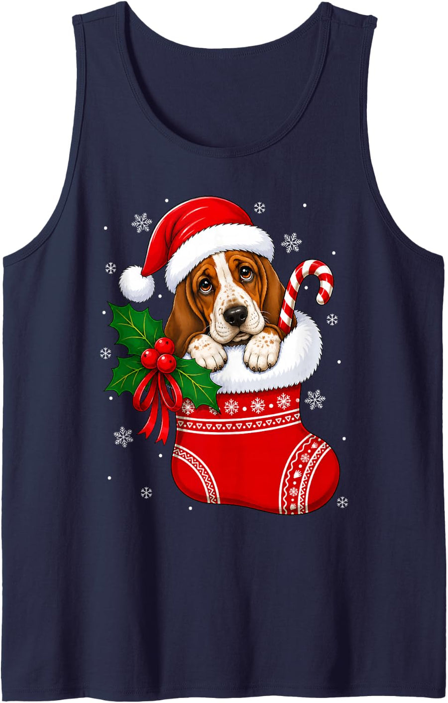 Basset Hound Dog Christmas Stocking Cute Festive Xmas Sleeveless Tank Top - Navy Blue