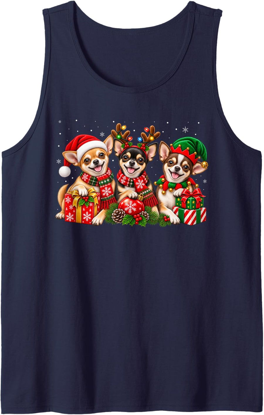 Chihuahua Dog Christmas Lights Santa Reindeer Men Women Sleeveless Tank Top - Navy Blue