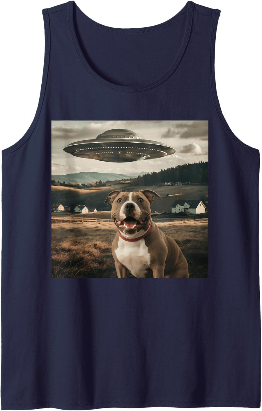 Funny Pitbull Terrier Selfie UFO Alien Spaceship Dog Lover Tank Top - Navy Blue