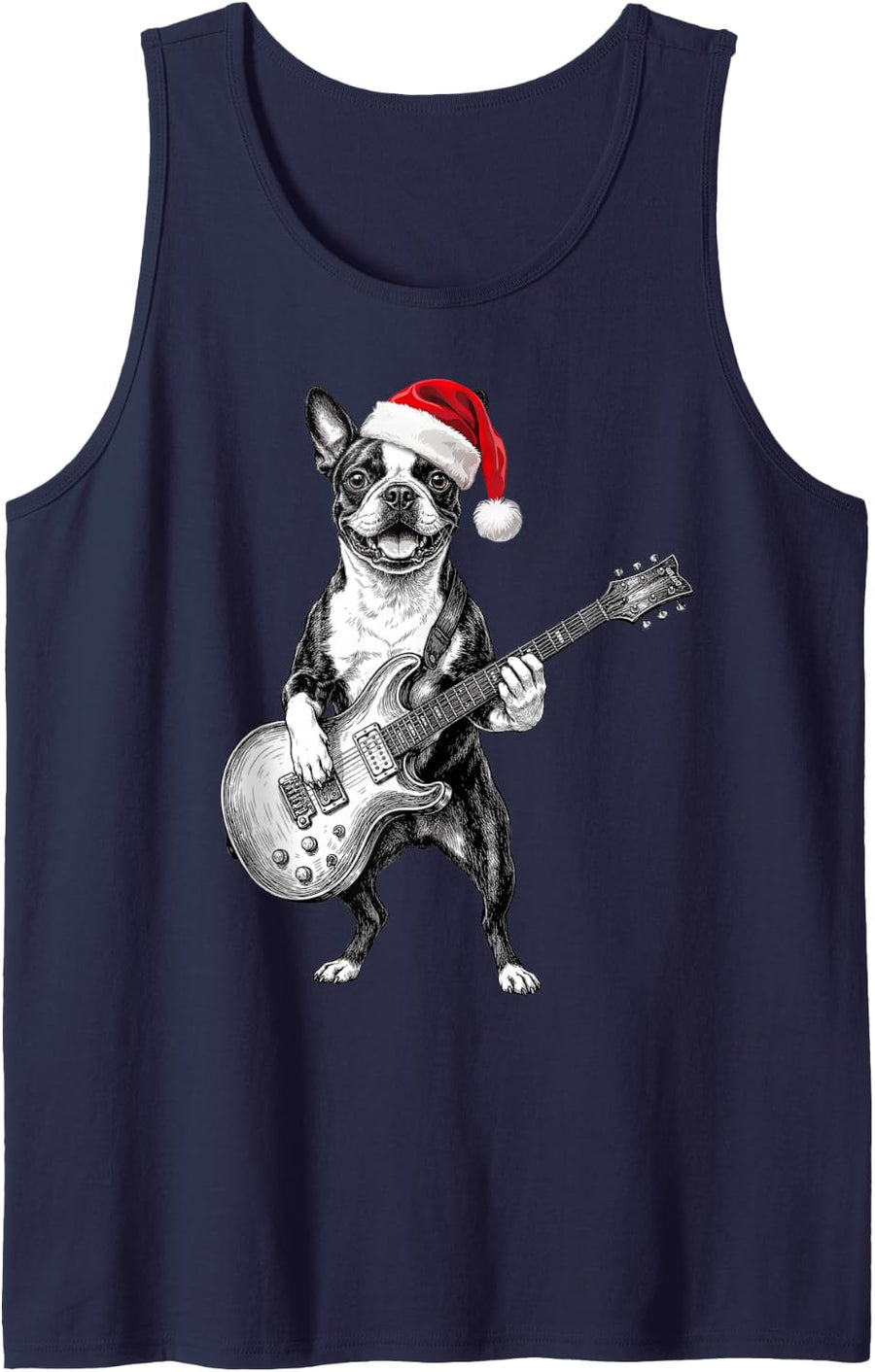 Boston Terrier Santa Guitar Christmas Party Sleeveless Tank Top - Navy Blue