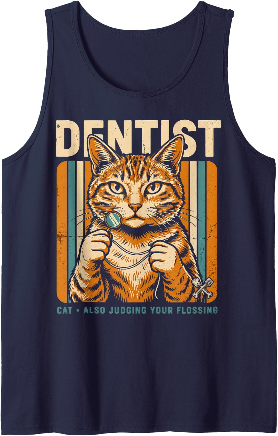 Dentist Cat Also Judging Your Flossing Humor Sleeveless Tank Top - Navy Blue