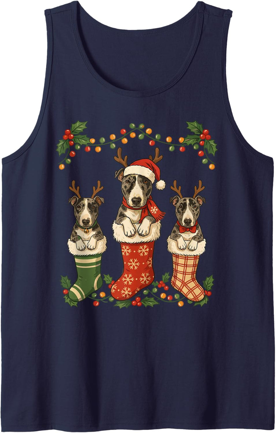 Festive Bull Terrier Christmas Stocking Puppy Fur Baby Mom Sleeveless Tank Top - Navy Blue