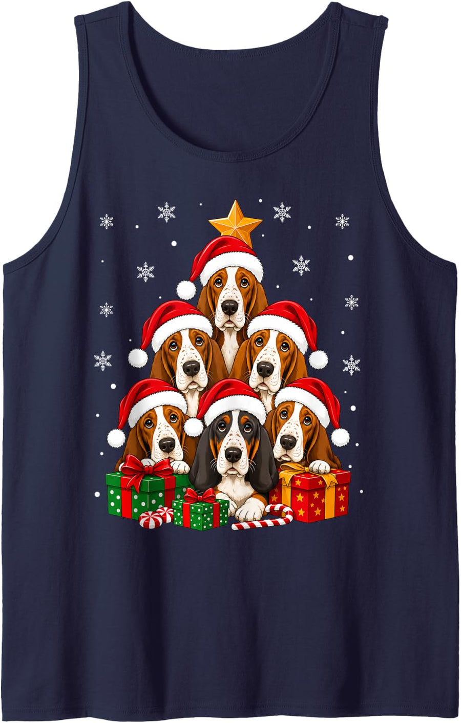 Basset Hound Dogs Christmas Tree Cute Festive Pet Xmas Sleeveless Tank Top - Navy Blue