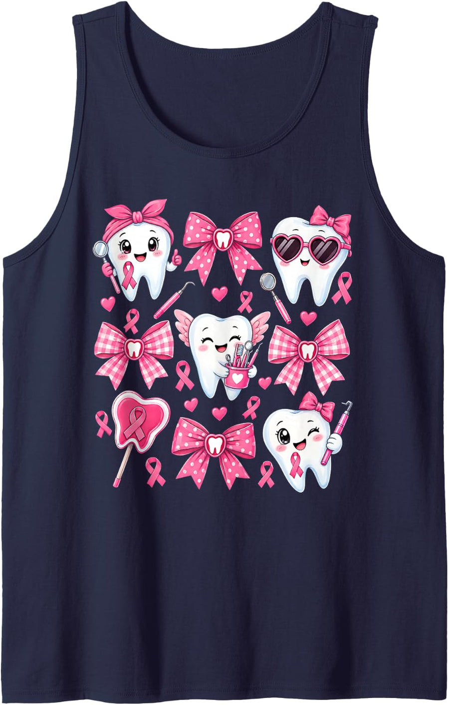 Dentist Dental Team Breast Cancer Awareness Pink Ribbon Sleeveless Tank Top - Navy Blue