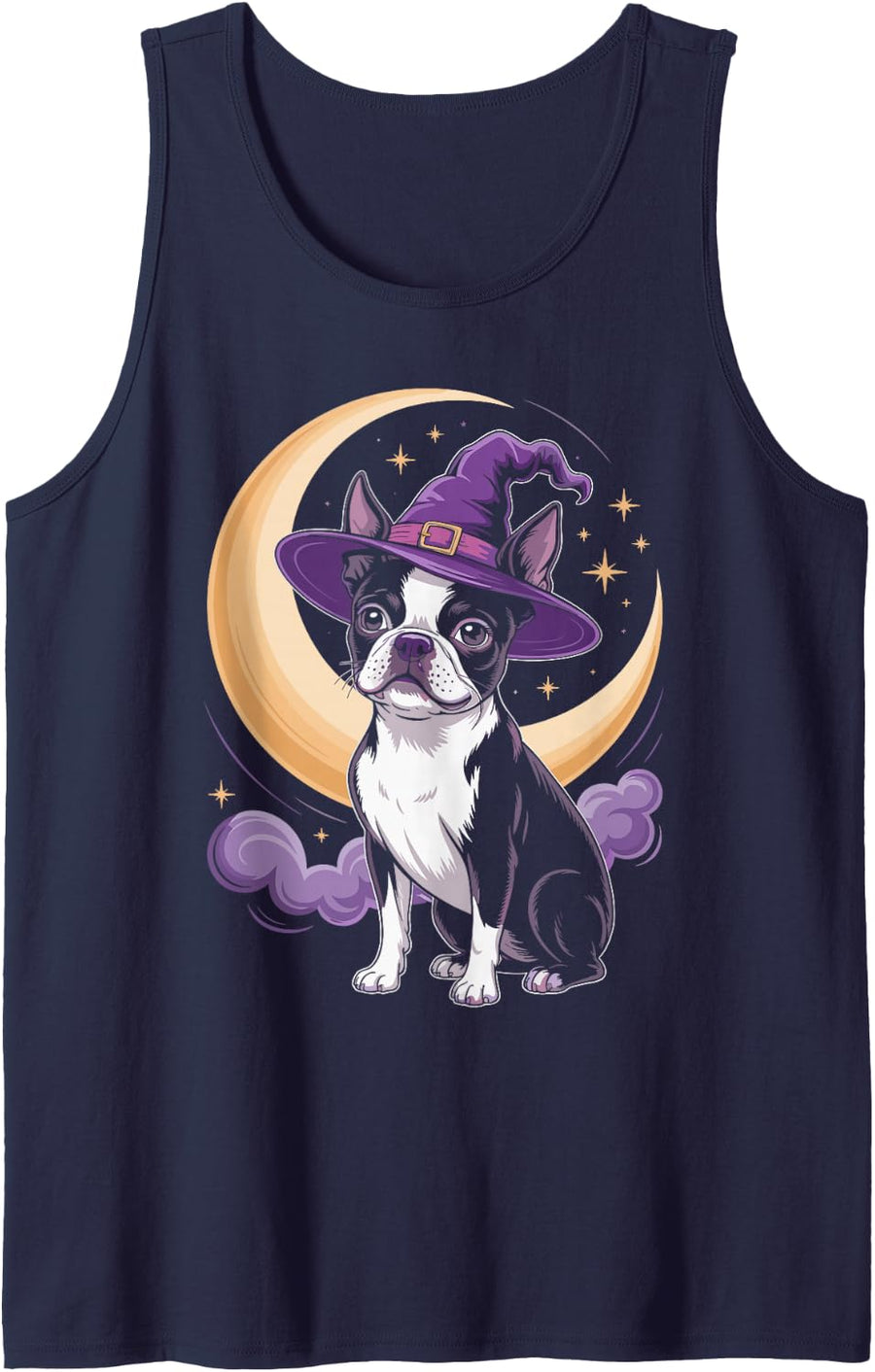 Witch Boston Terrier Moon Halloween Sleeveless Tank Top - Navy Blue