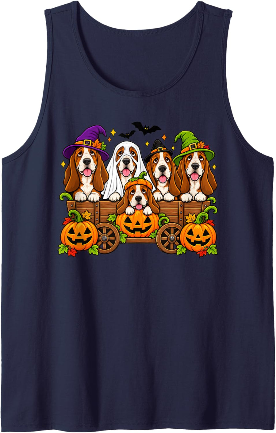 Halloween Basset Hound Dog Witch Fall Pumpkin Pet Owner Sleeveless Tank Top - Navy Blue