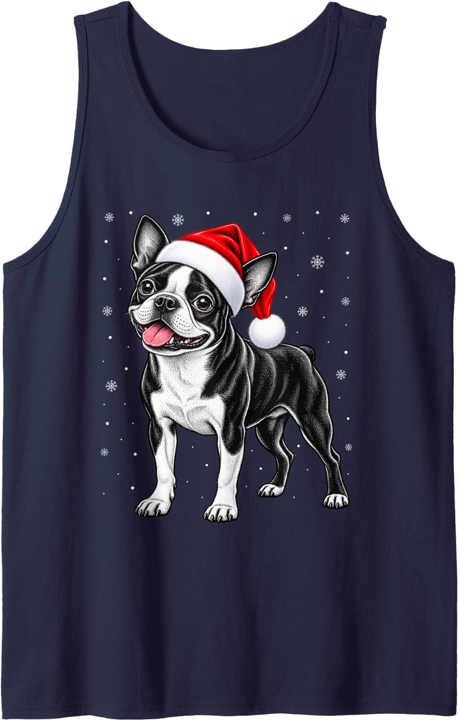 Boston Terrier Christmas Santa Hat Snowflakes Holiday Dog Sleeveless Tank Top - Navy Blue