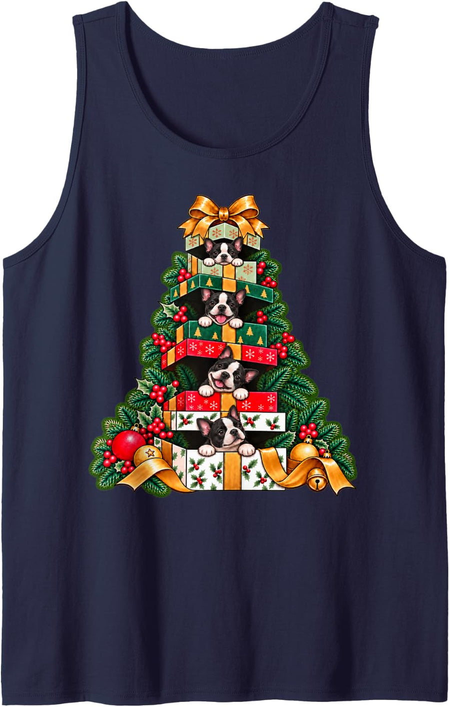 Boston Terrier Bostie Stacked Wrapped Boxes Tree Surprise Sleeveless Tank Top - Navy Blue