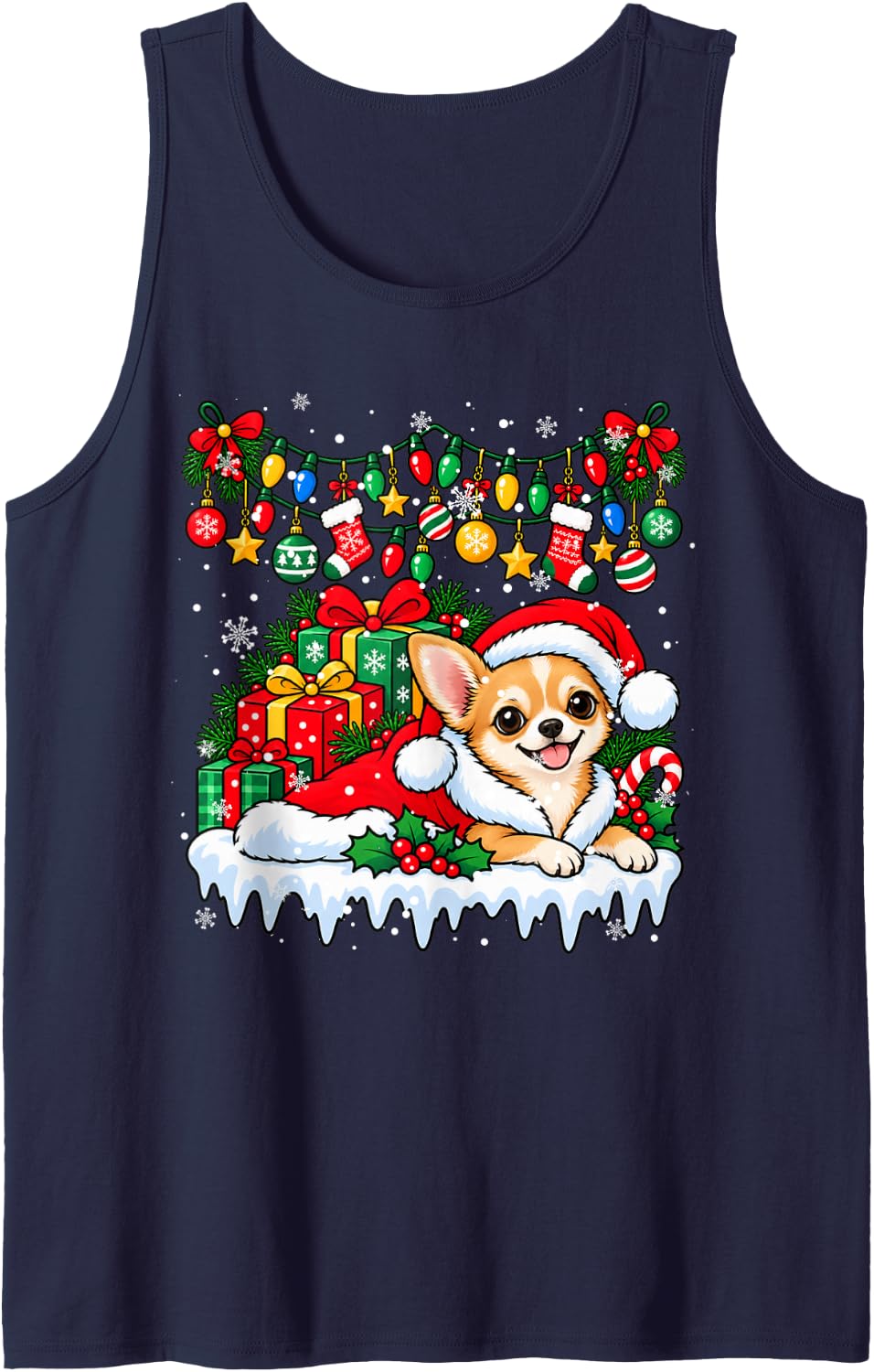 Chihuahua Dog Christmas Lights Santa Hat Matching Family Sleeveless Tank Top - Navy Blue