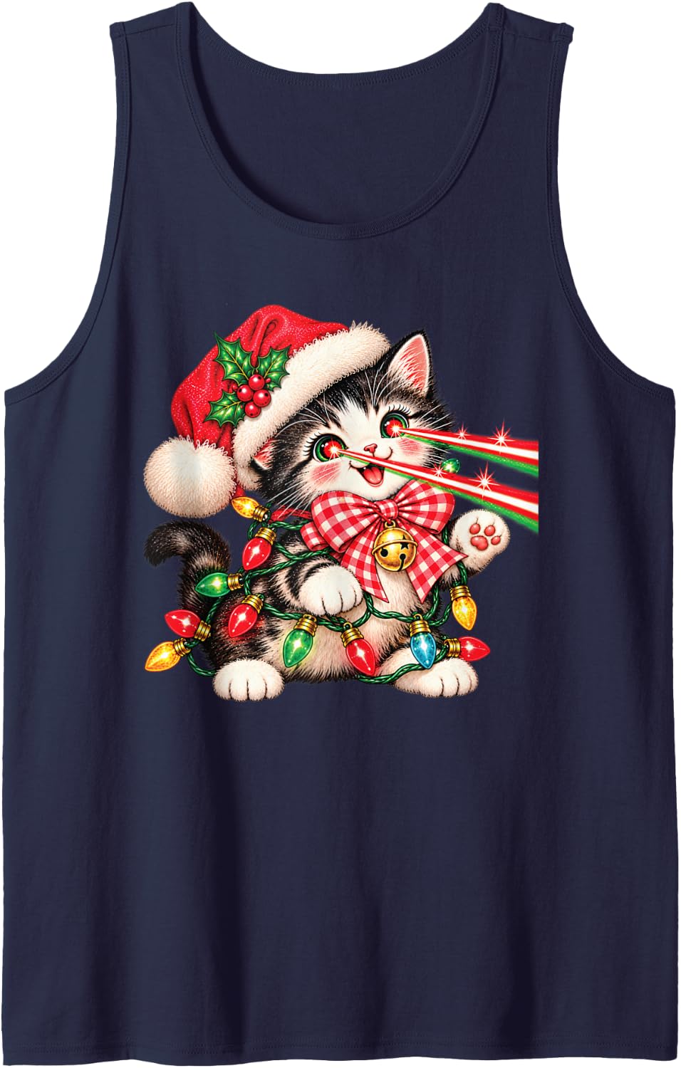 Funny Santa Cat Laser Eye Tangled Up Christmas Lights Xmas Sleeveless Tank Top - Navy Blue