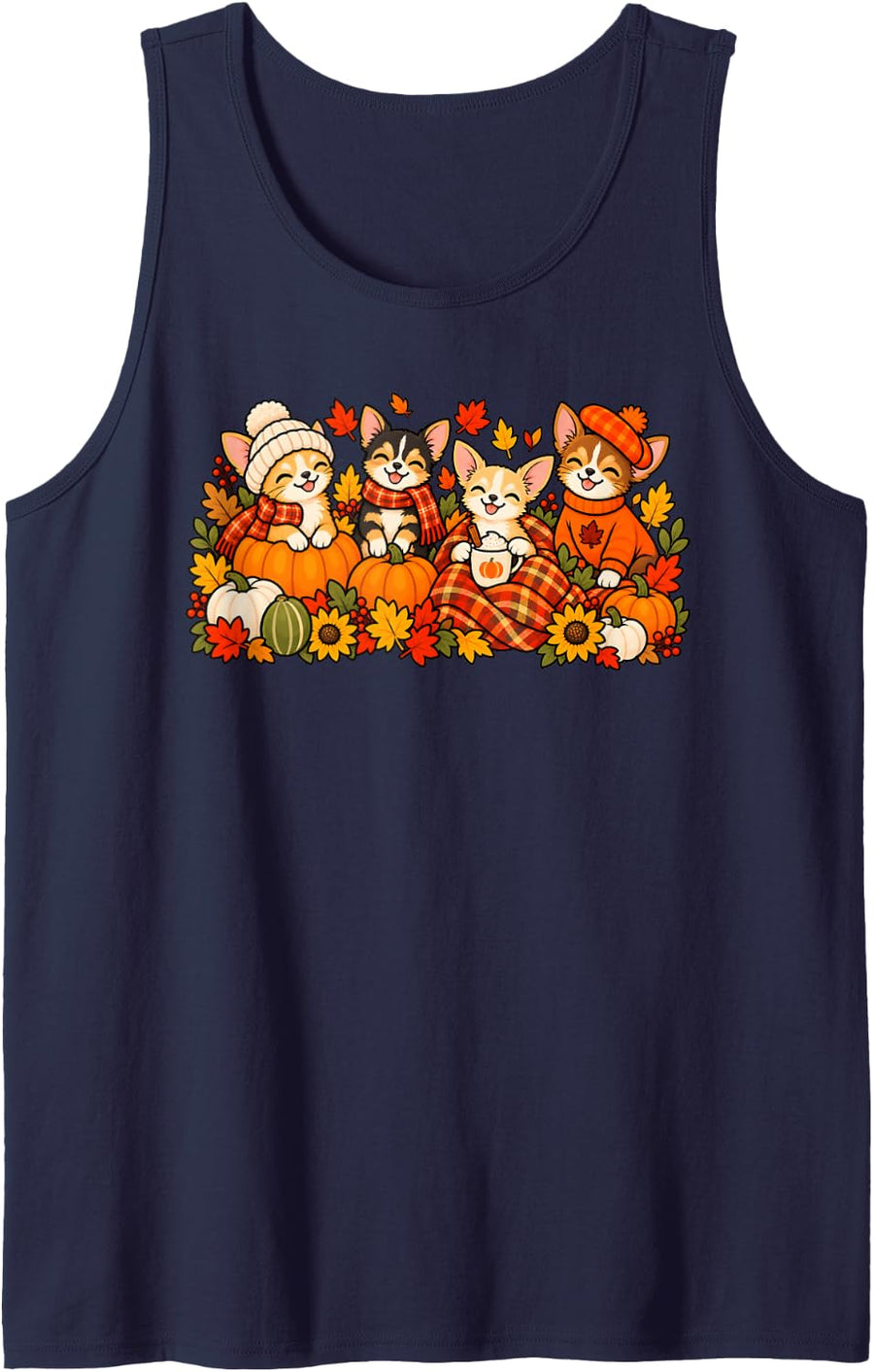 Cute Four Chihuahua Dogs Pumpkin Autumn Fall Thanksgiving Sleeveless Tank Top - Navy Blue