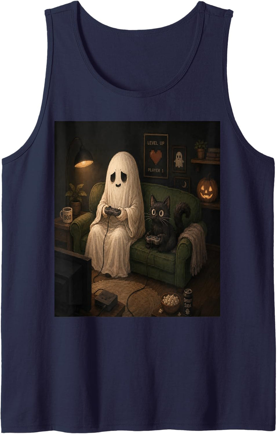 Cozy Spooky Season Black Cat Gaming Ghost Gamer Halloween Tank Top - Navy Blue