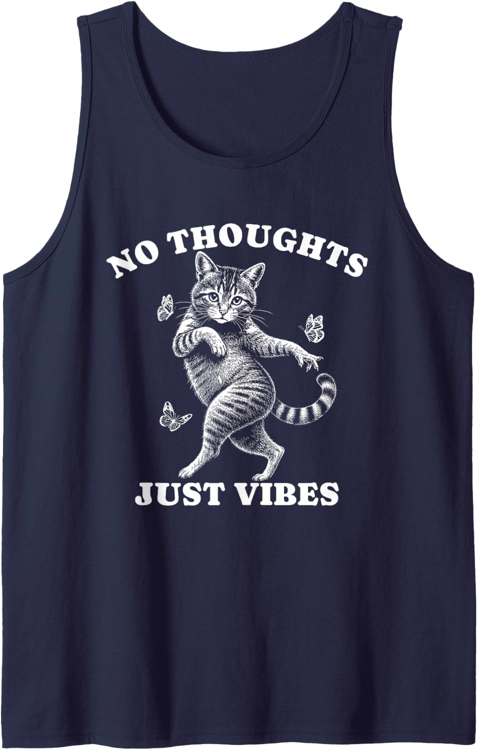 No Thoughts Just Vibes Cat Butterfly Tank Top - Navy Blue