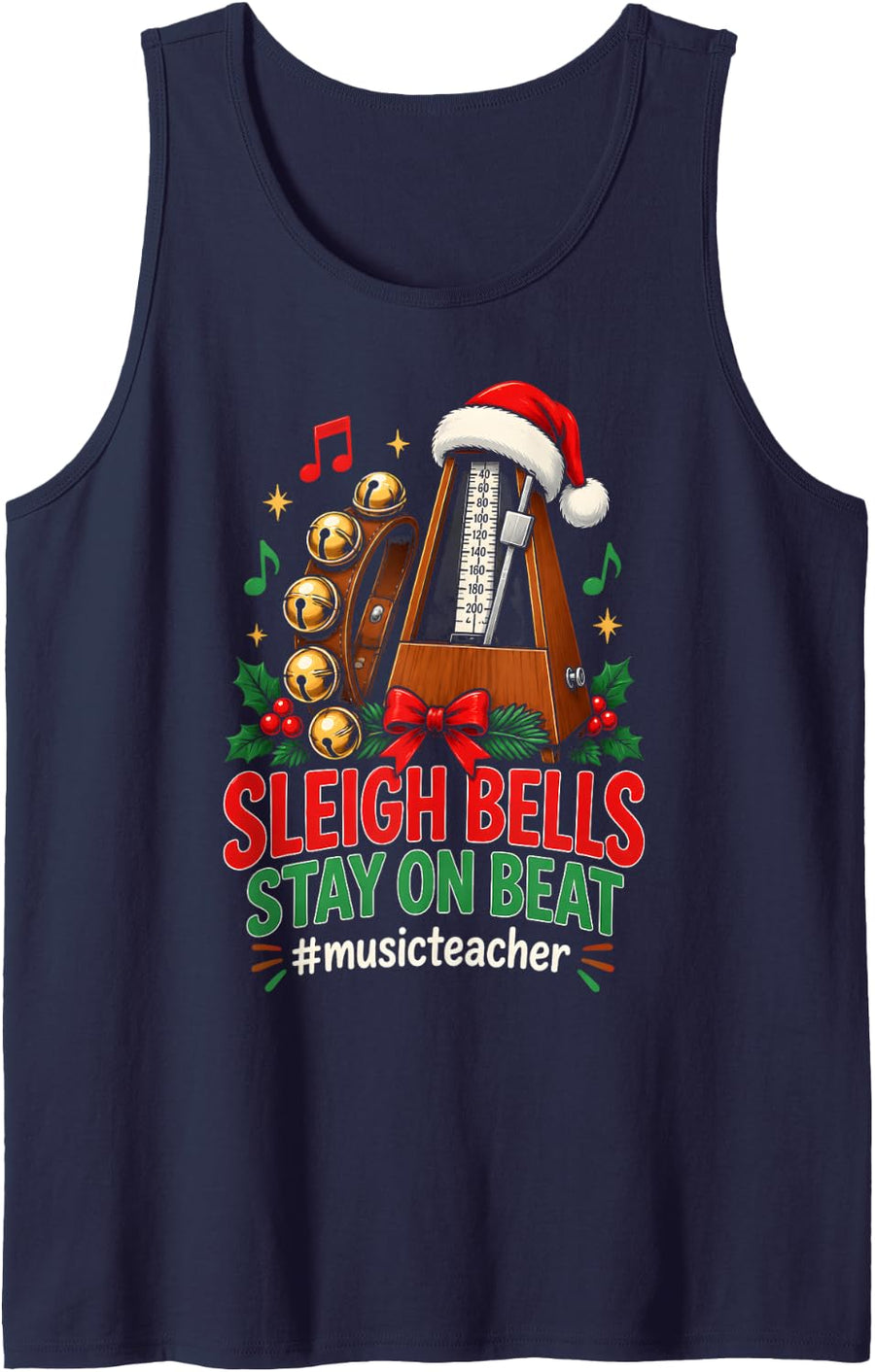 Sleigh Bells Stay On Beat Music Teacher Christmas Sleeveless Tank Top - Navy Blue