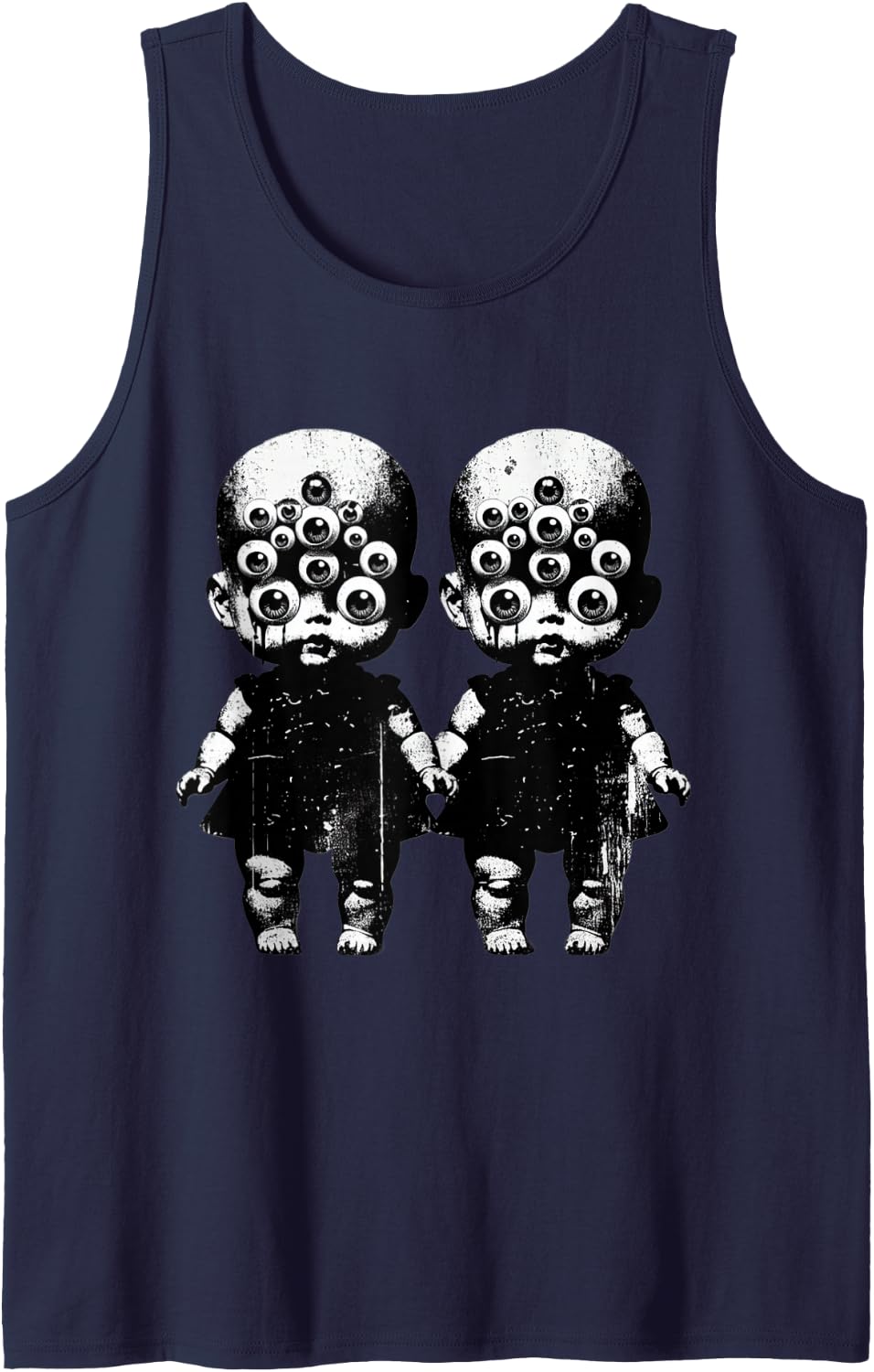 Scary Twin Dolls Eyeballs Alternative Gothic Punk Weirdcore Tank Top - Navy Blue
