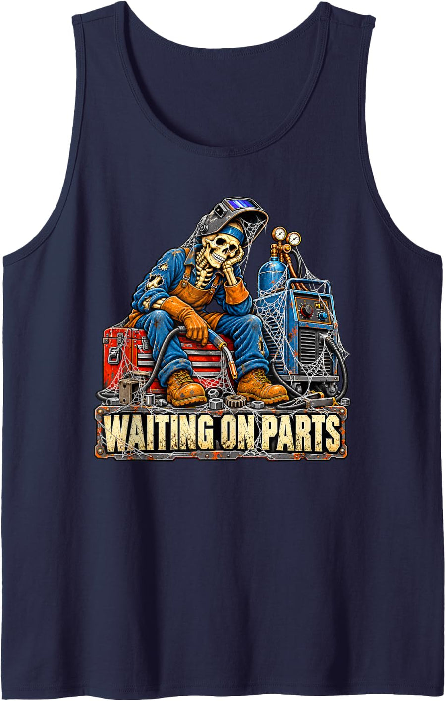 Waiting On Parts Funny Welder Dad Skeleton Welding Humor Sleeveless Tank Top - Navy Blue
