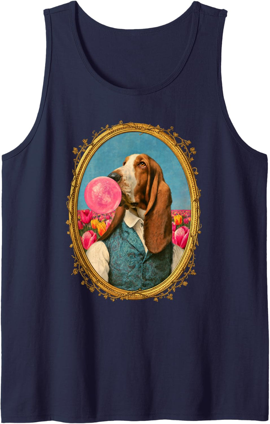 Basset Hound Blowing Bubble Gum Funny Vintage Dog Portrait Sleeveless Tank Top - Navy Blue
