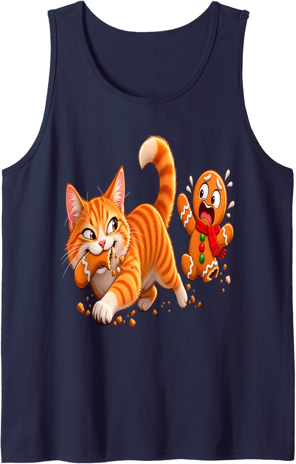 Funny Ginger Cat Christmas Gingerbread Cookie Chase Sleeveless Tank Top - Navy Blue