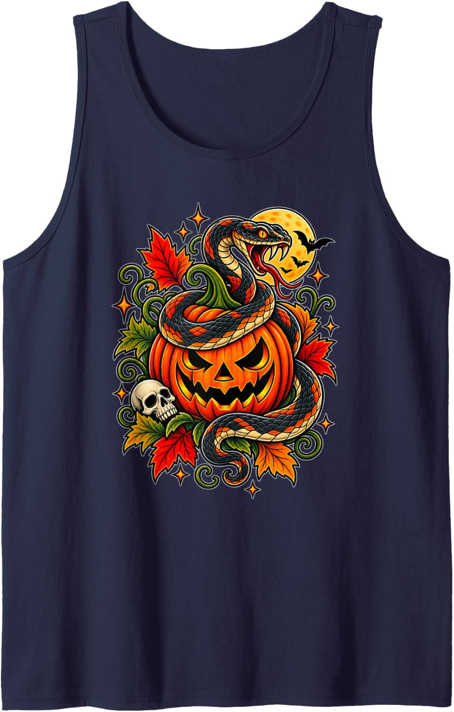 Snake Pumpkin Halloween Traditional Tattoo Flash Sleeveless Tank Top - Navy Blue