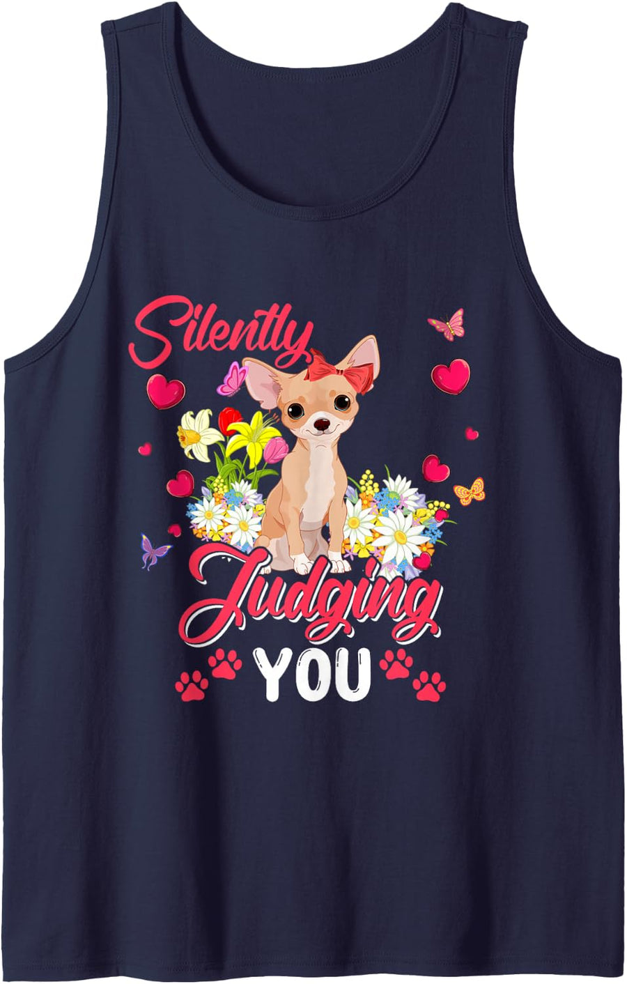Silently Judging You Cute Floral Flowers Chihuahua Bow Tie Sleeveless Tank Top - Navy Blue