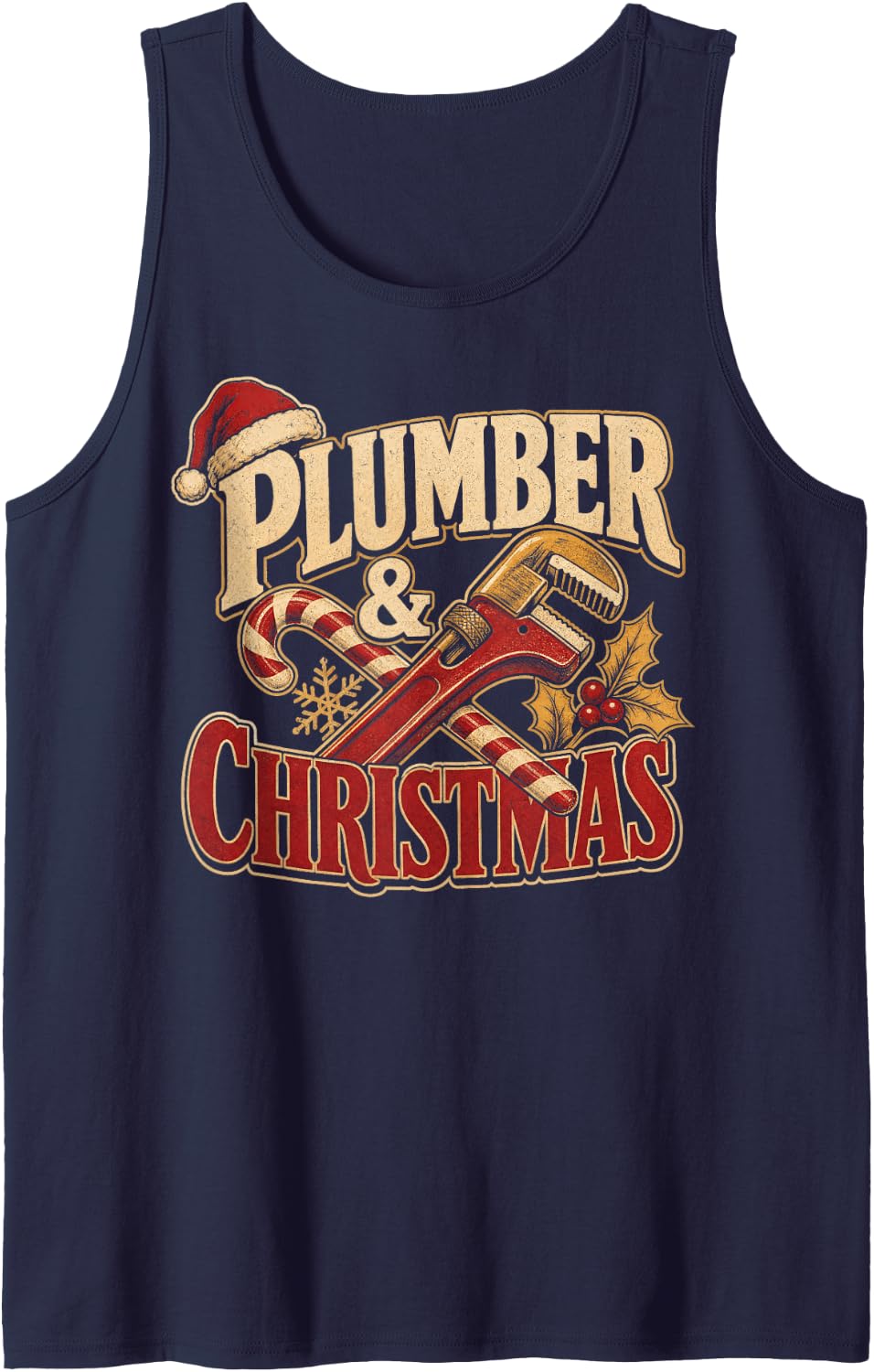 Plumber and Christmas Holiday Wrench Sleeveless Tank Top - Navy Blue